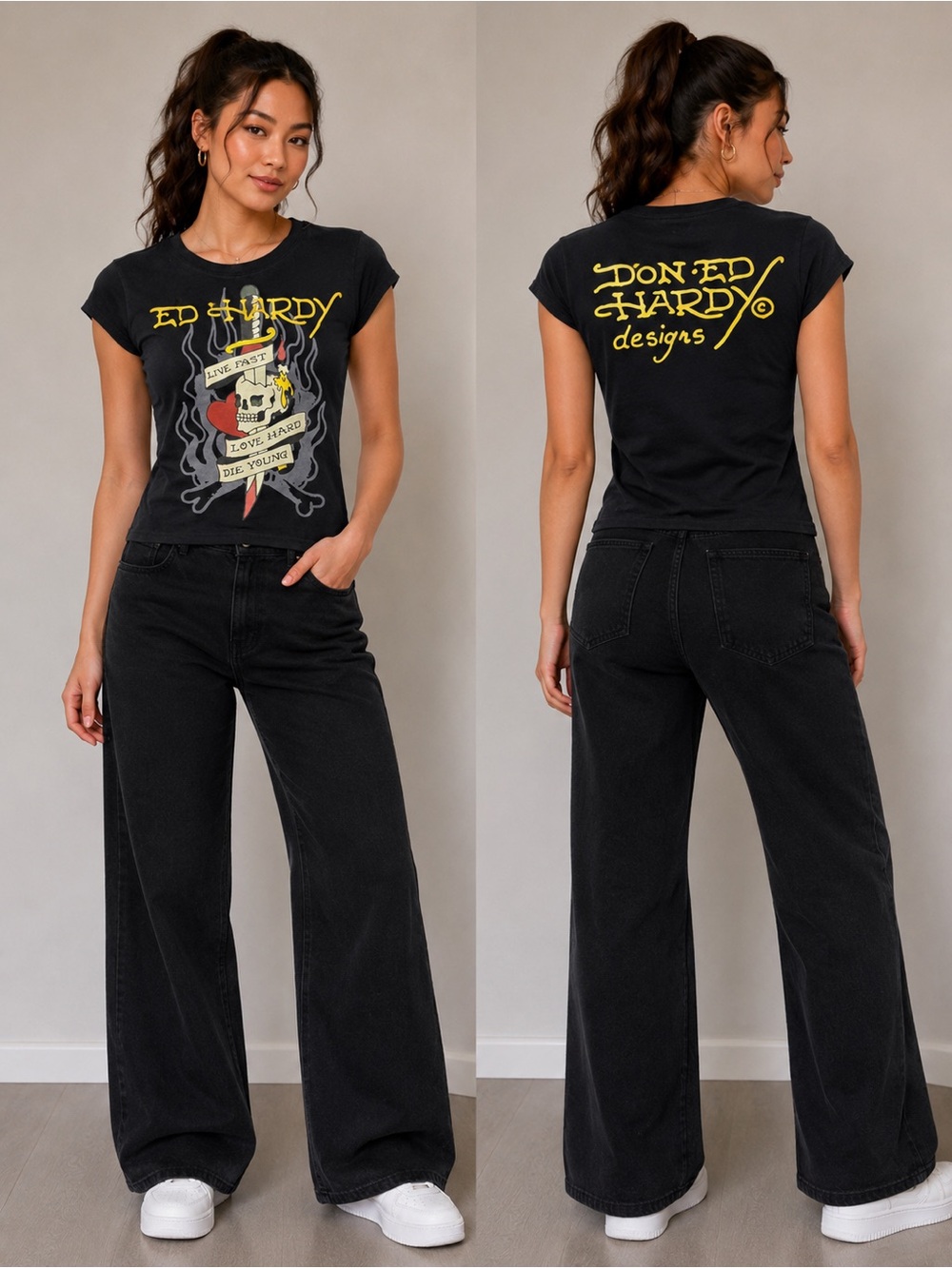 Ed Hardy Black Short Sleeve Tattoo Skull Tee with Yellow & Red Accents